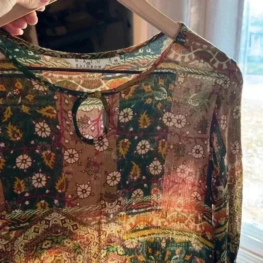 Rain & Rainbow Women’s Multi Ethnic Motifs Printed Bell Sleeves Kurta Size M - Picture 10 of 14